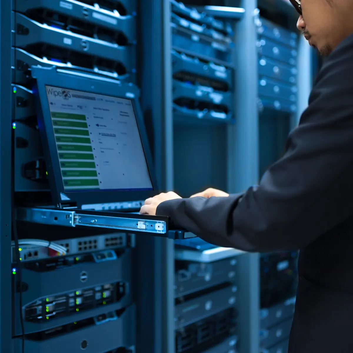 IT professional using WipeOS data erasure software in a data center